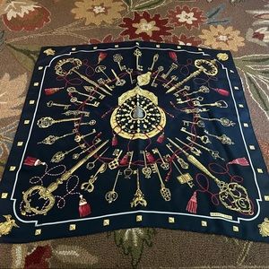 Authentic Hermes Silk Black Gold Keys 34” Scarf VGC